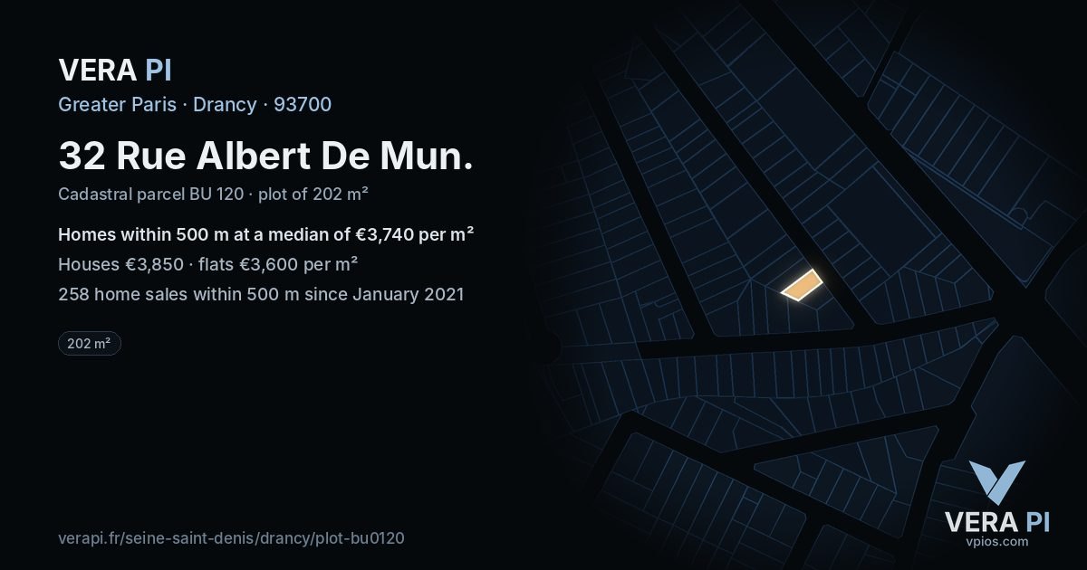 32 Rue Albert De Mun, Drancy at night – the plot lit, the parcels around coloured by the prices near them