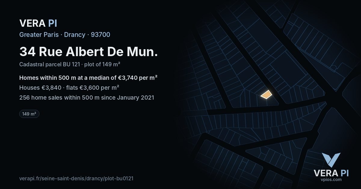 34 Rue Albert De Mun, Drancy at night – the plot lit, the parcels around coloured by the prices near them
