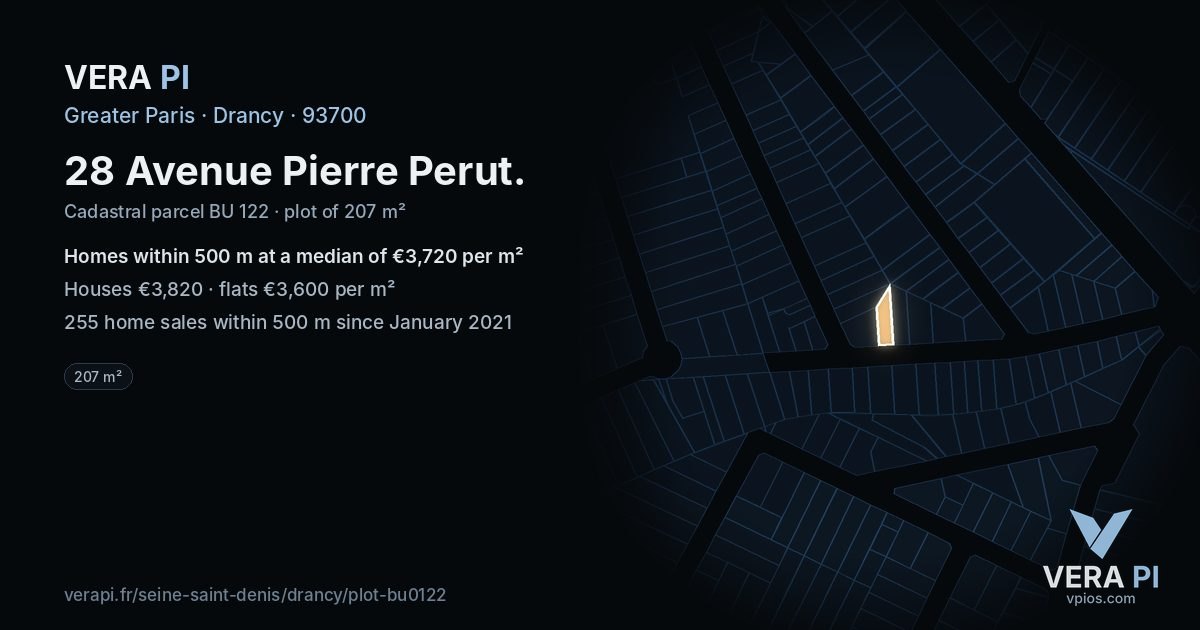 28 Avenue Pierre Perut, Drancy at night – the plot lit, the parcels around coloured by the prices near them