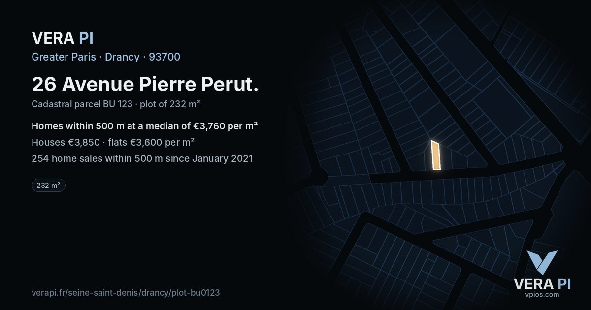 26 Avenue Pierre Perut, Drancy at night – the plot lit, the parcels around coloured by the prices near them