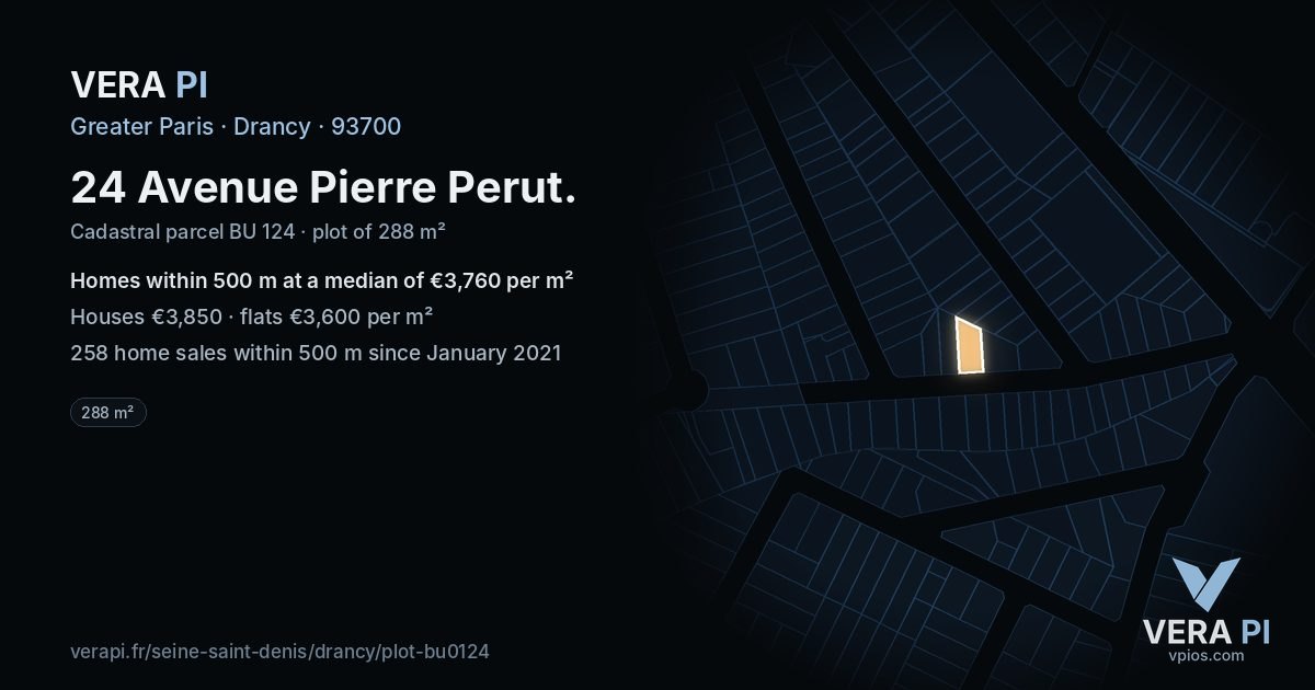 24 Avenue Pierre Perut, Drancy at night – the plot lit, the parcels around coloured by the prices near them