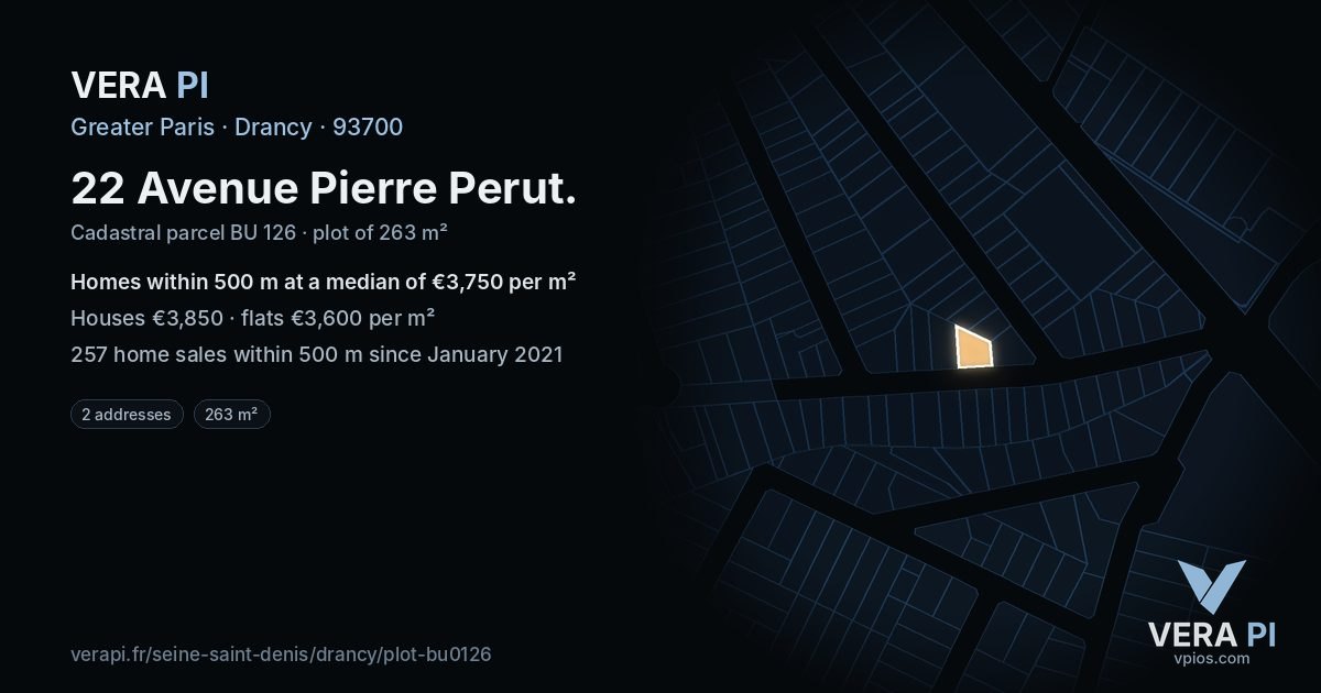 22 Avenue Pierre Perut, Drancy at night – the plot lit, the parcels around coloured by the prices near them