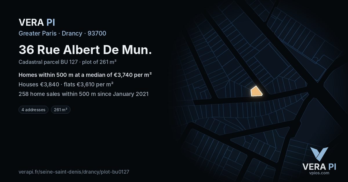 36 Rue Albert De Mun, Drancy at night – the plot lit, the parcels around coloured by the prices near them