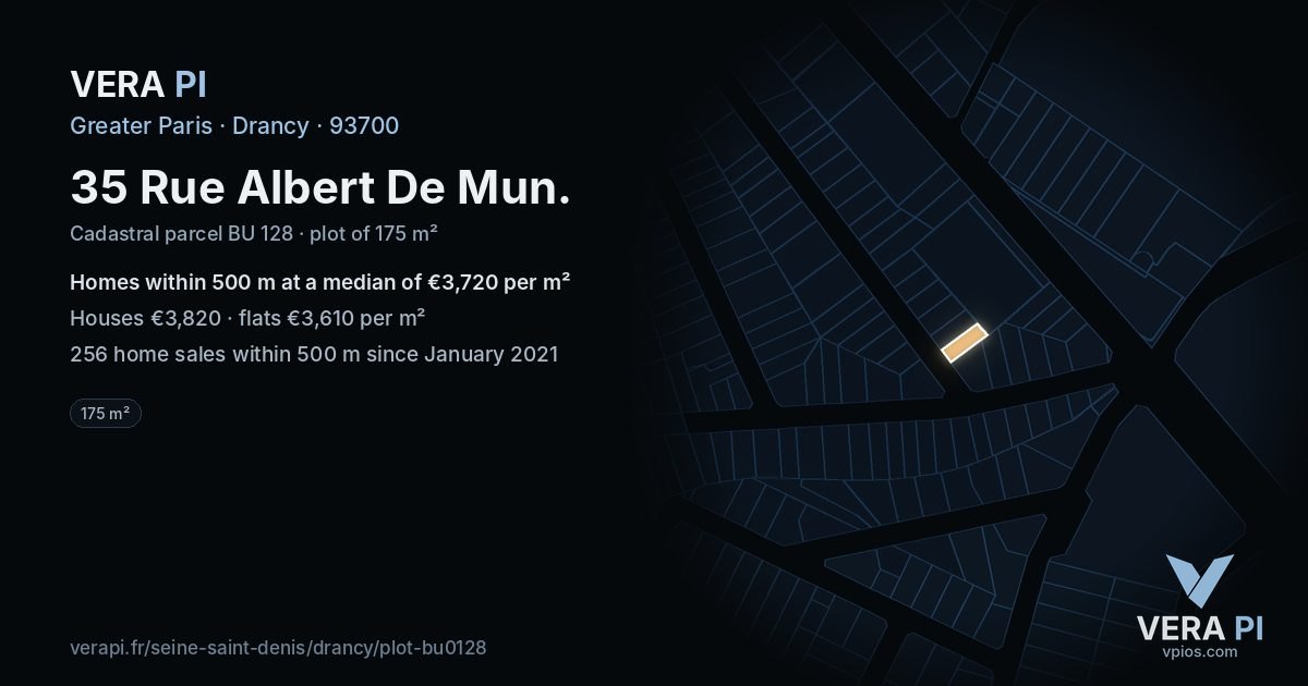 35 Rue Albert De Mun, Drancy at night – the plot lit, the parcels around coloured by the prices near them