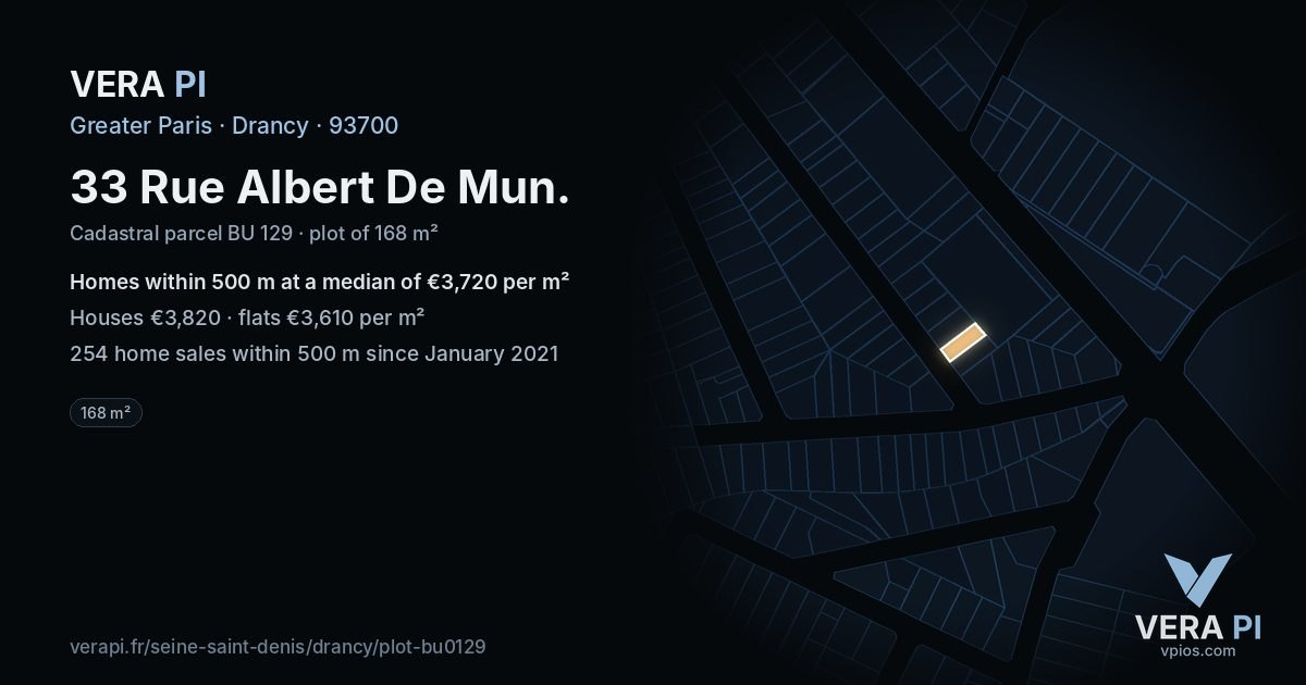 33 Rue Albert De Mun, Drancy at night – the plot lit, the parcels around coloured by the prices near them