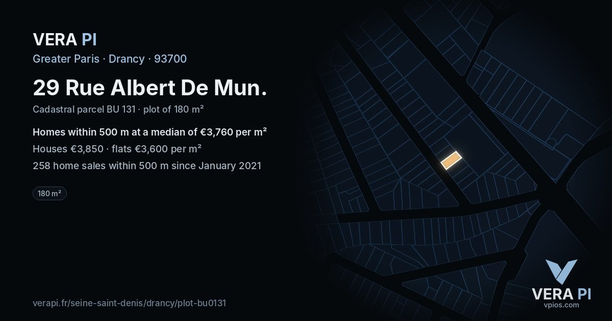 29 Rue Albert De Mun, Drancy at night – the plot lit, the parcels around coloured by the prices near them