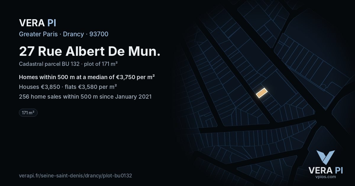 27 Rue Albert De Mun, Drancy at night – the plot lit, the parcels around coloured by the prices near them