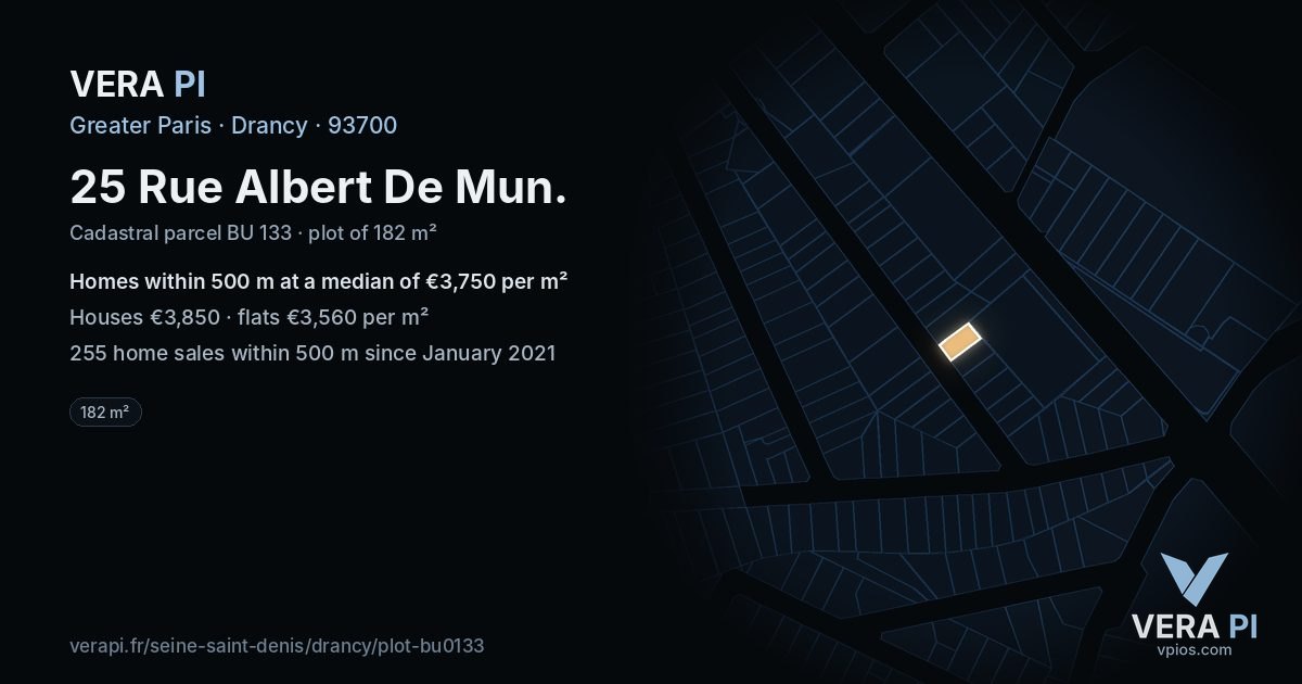 25 Rue Albert De Mun, Drancy at night – the plot lit, the parcels around coloured by the prices near them