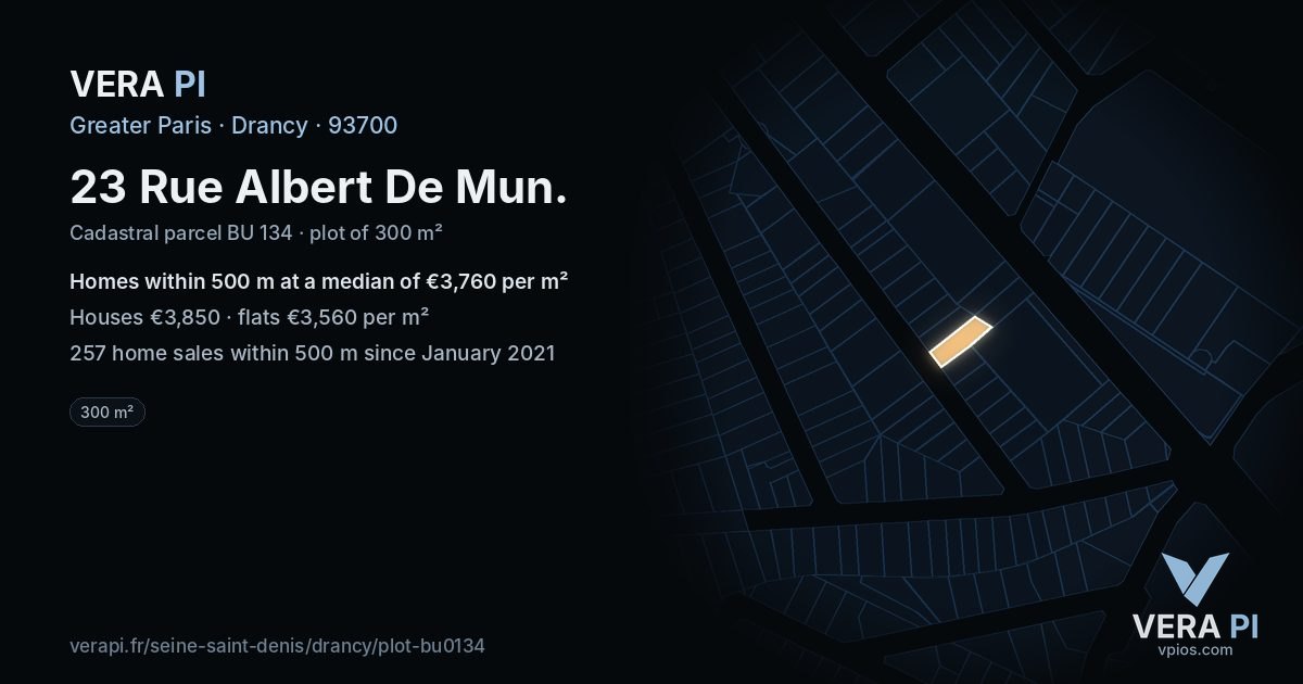 23 Rue Albert De Mun, Drancy at night – the plot lit, the parcels around coloured by the prices near them