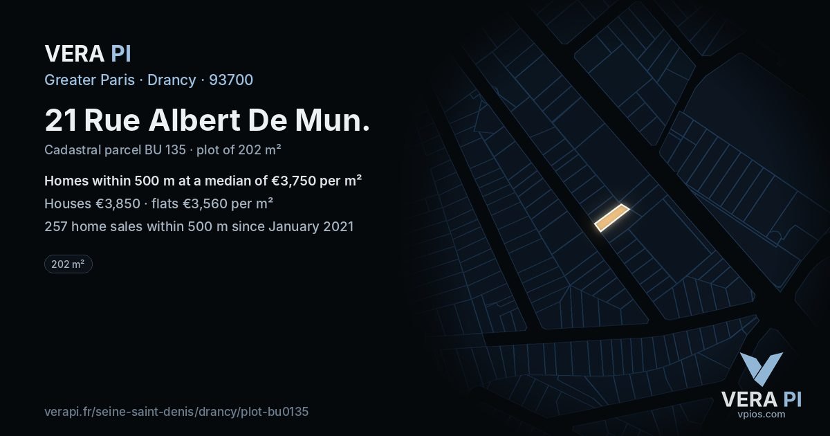 21 Rue Albert De Mun, Drancy at night – the plot lit, the parcels around coloured by the prices near them