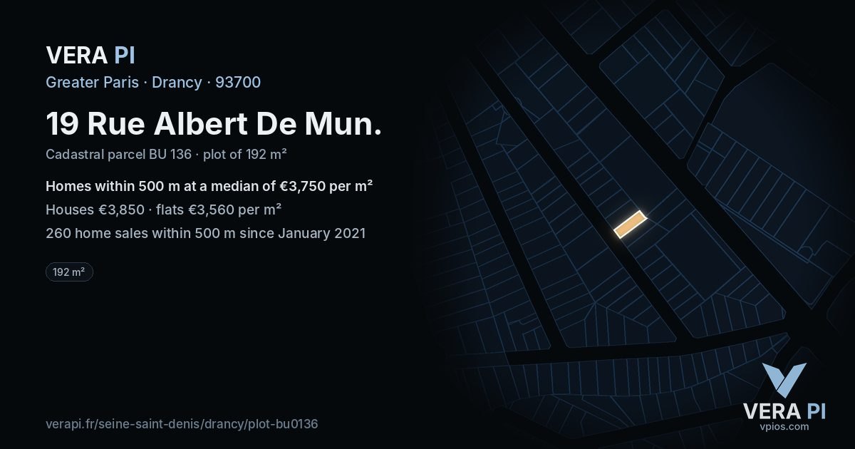 19 Rue Albert De Mun, Drancy at night – the plot lit, the parcels around coloured by the prices near them