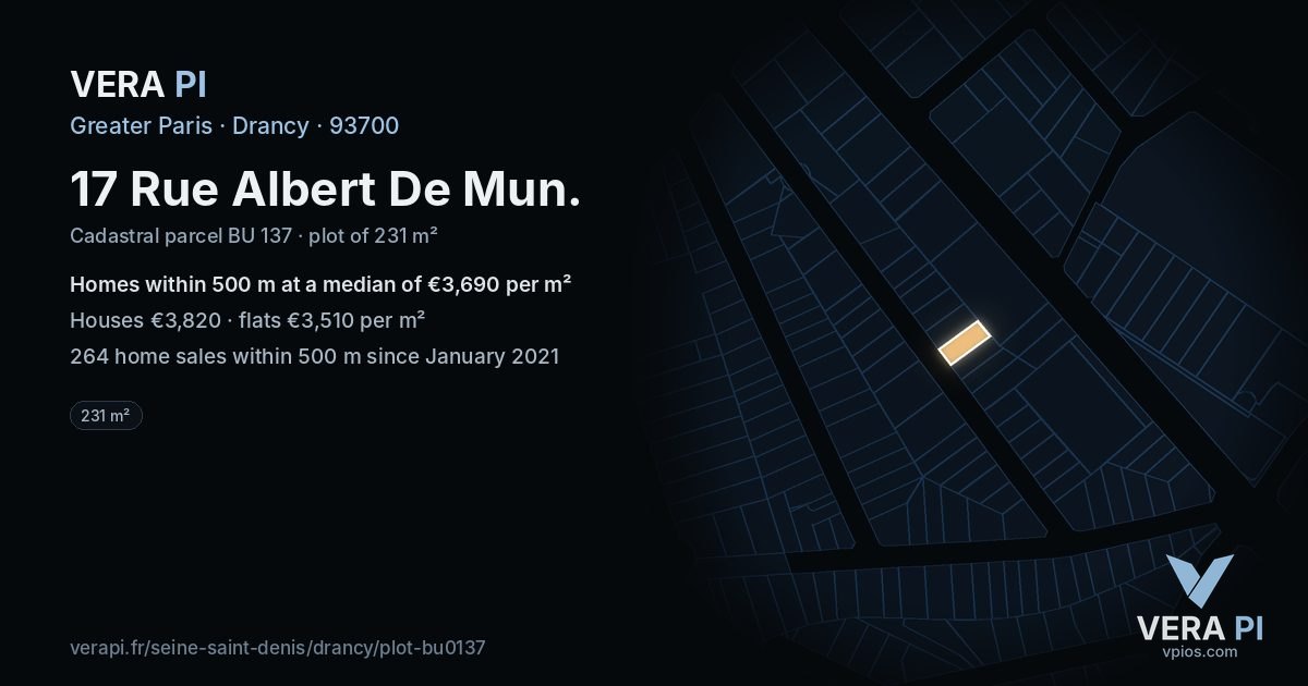 17 Rue Albert De Mun, Drancy at night – the plot lit, the parcels around coloured by the prices near them