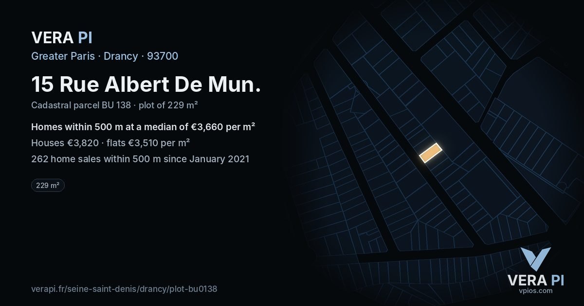 15 Rue Albert De Mun, Drancy at night – the plot lit, the parcels around coloured by the prices near them