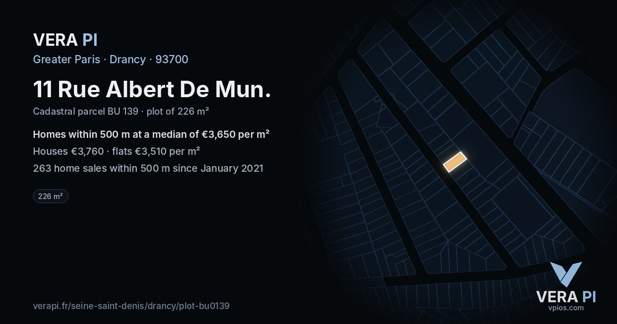 11 Rue Albert De Mun, Drancy at night – the plot lit, the parcels around coloured by the prices near them