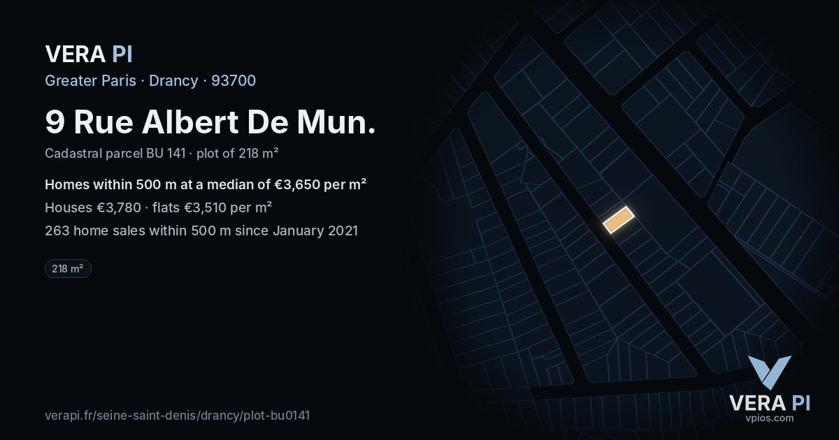 9 Rue Albert De Mun, Drancy at night – the plot lit, the parcels around coloured by the prices near them