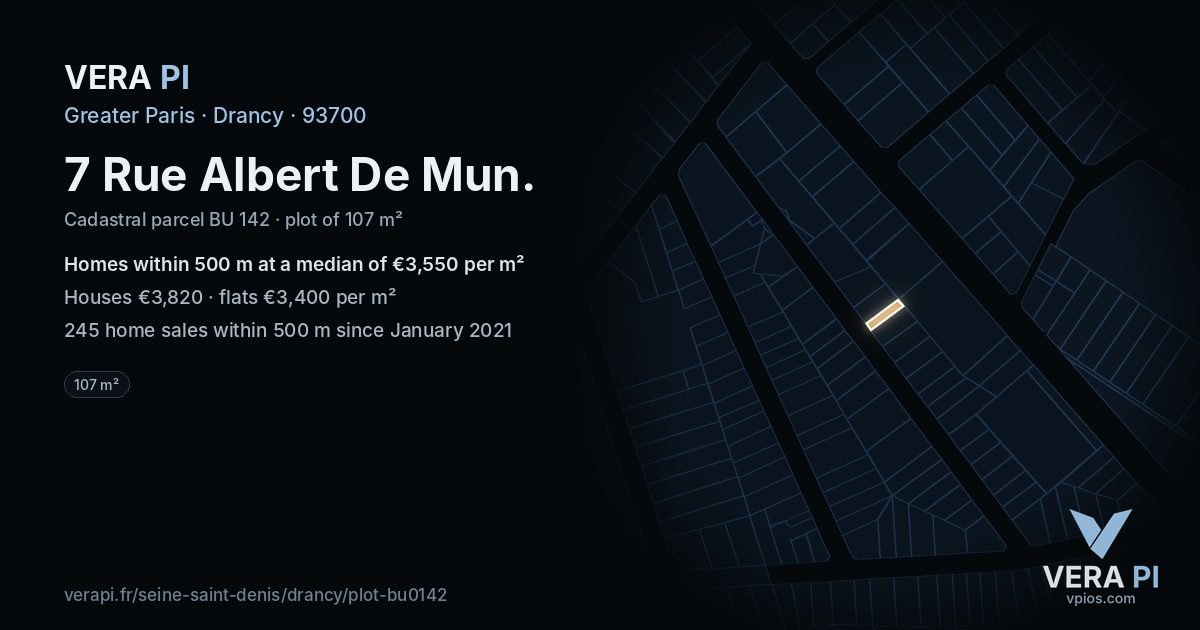 7 Rue Albert De Mun, Drancy at night – the plot lit, the parcels around coloured by the prices near them