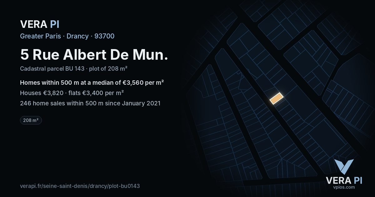 5 Rue Albert De Mun, Drancy at night – the plot lit, the parcels around coloured by the prices near them