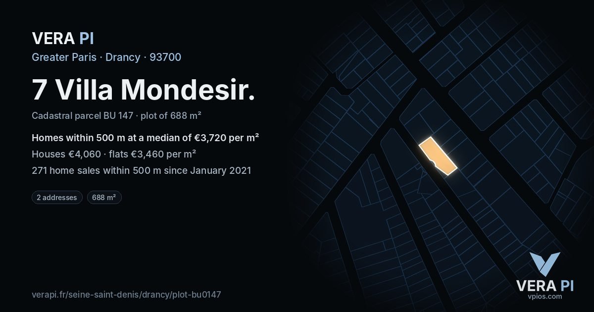 7 Villa Mondesir, Drancy at night – the plot lit, the parcels around coloured by the prices near them