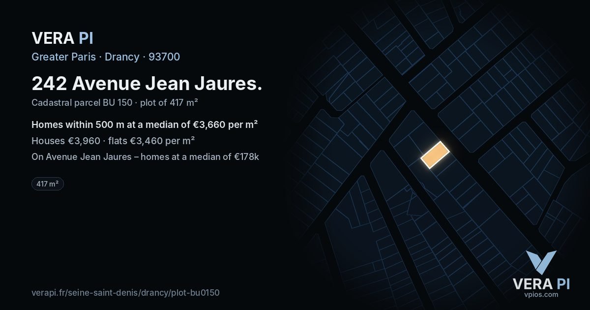 242 Avenue Jean Jaures, Drancy at night – the plot lit, the parcels around coloured by the prices near them