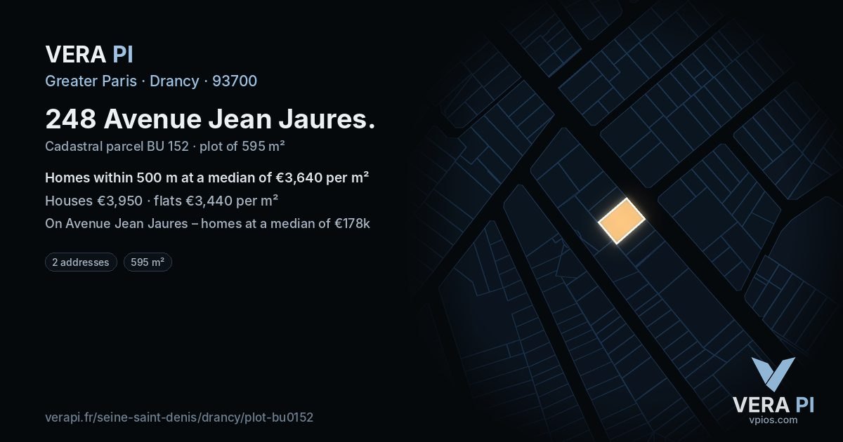 248 Avenue Jean Jaures, Drancy at night – the plot lit, the parcels around coloured by the prices near them