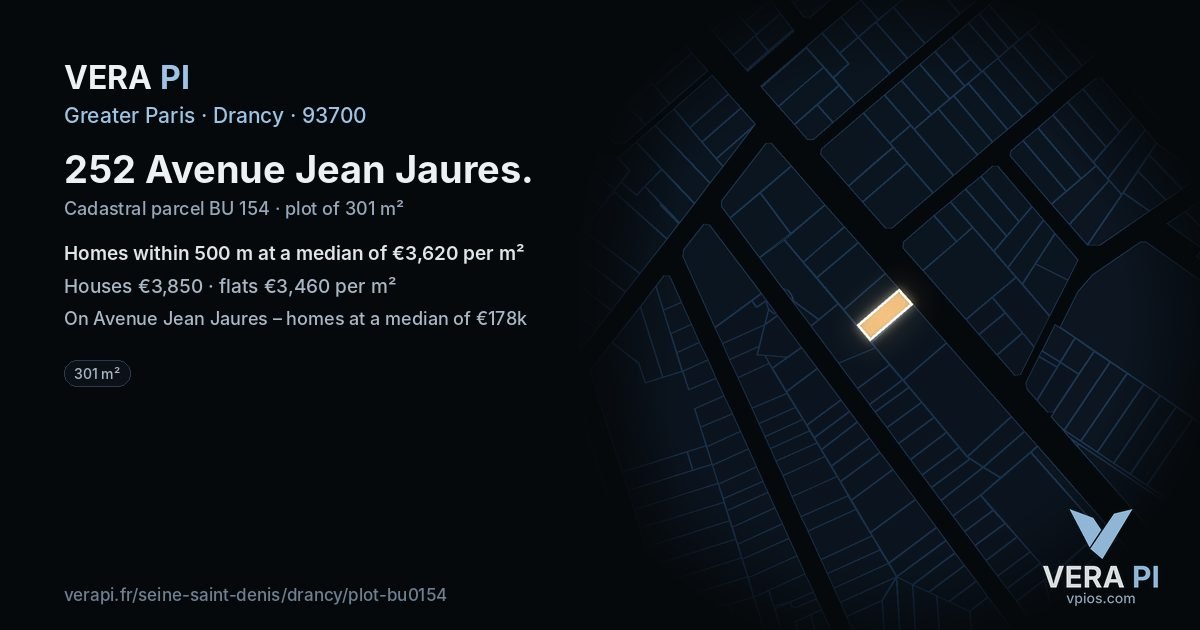 252 Avenue Jean Jaures, Drancy at night – the plot lit, the parcels around coloured by the prices near them