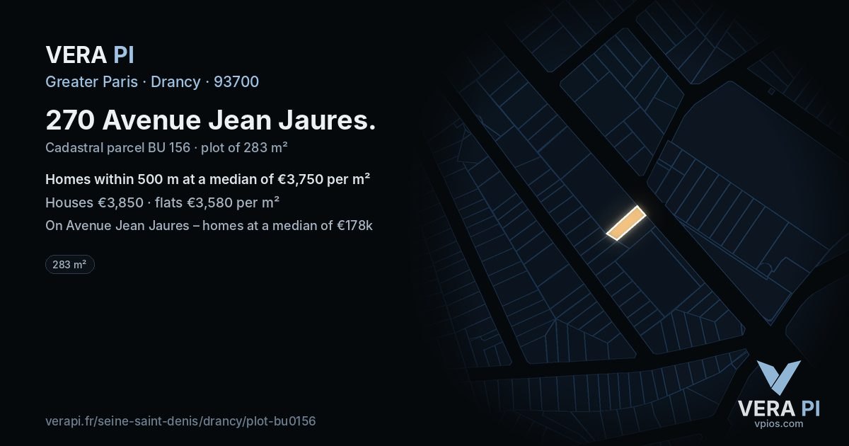 270 Avenue Jean Jaures, Drancy at night – the plot lit, the parcels around coloured by the prices near them