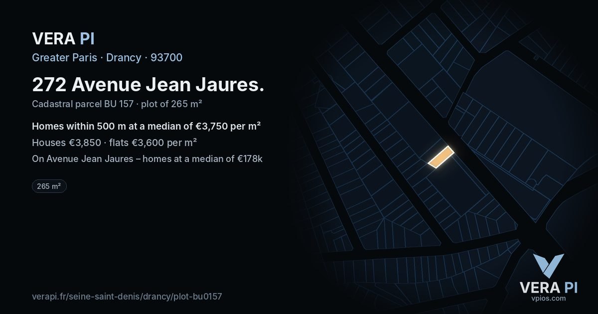 272 Avenue Jean Jaures, Drancy at night – the plot lit, the parcels around coloured by the prices near them