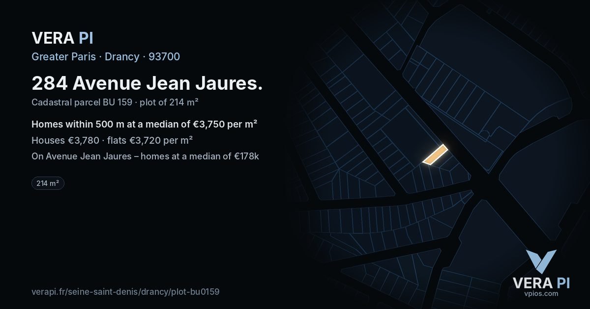 284 Avenue Jean Jaures, Drancy at night – the plot lit, the parcels around coloured by the prices near them