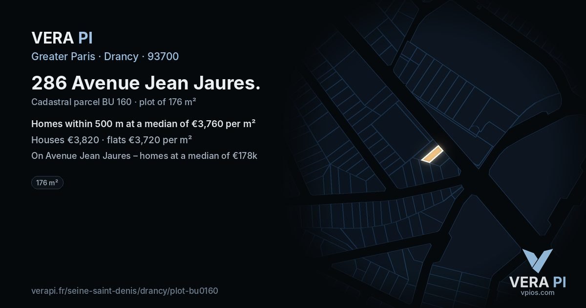 286 Avenue Jean Jaures, Drancy at night – the plot lit, the parcels around coloured by the prices near them