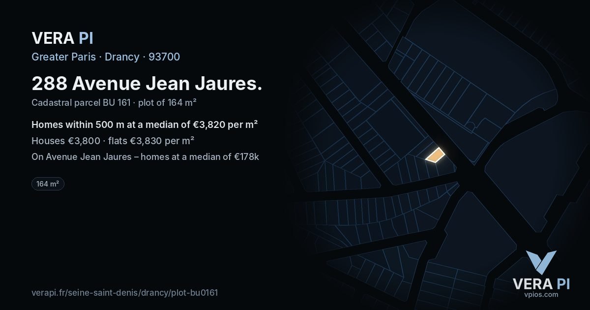 288 Avenue Jean Jaures, Drancy at night – the plot lit, the parcels around coloured by the prices near them