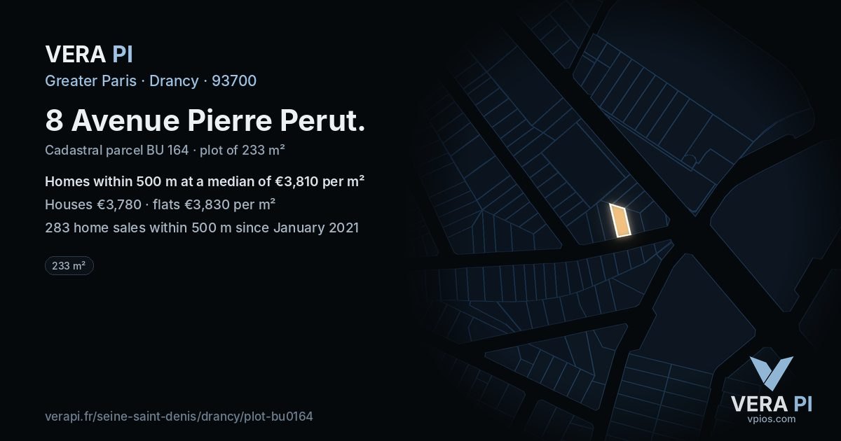 8 Avenue Pierre Perut, Drancy at night – the plot lit, the parcels around coloured by the prices near them