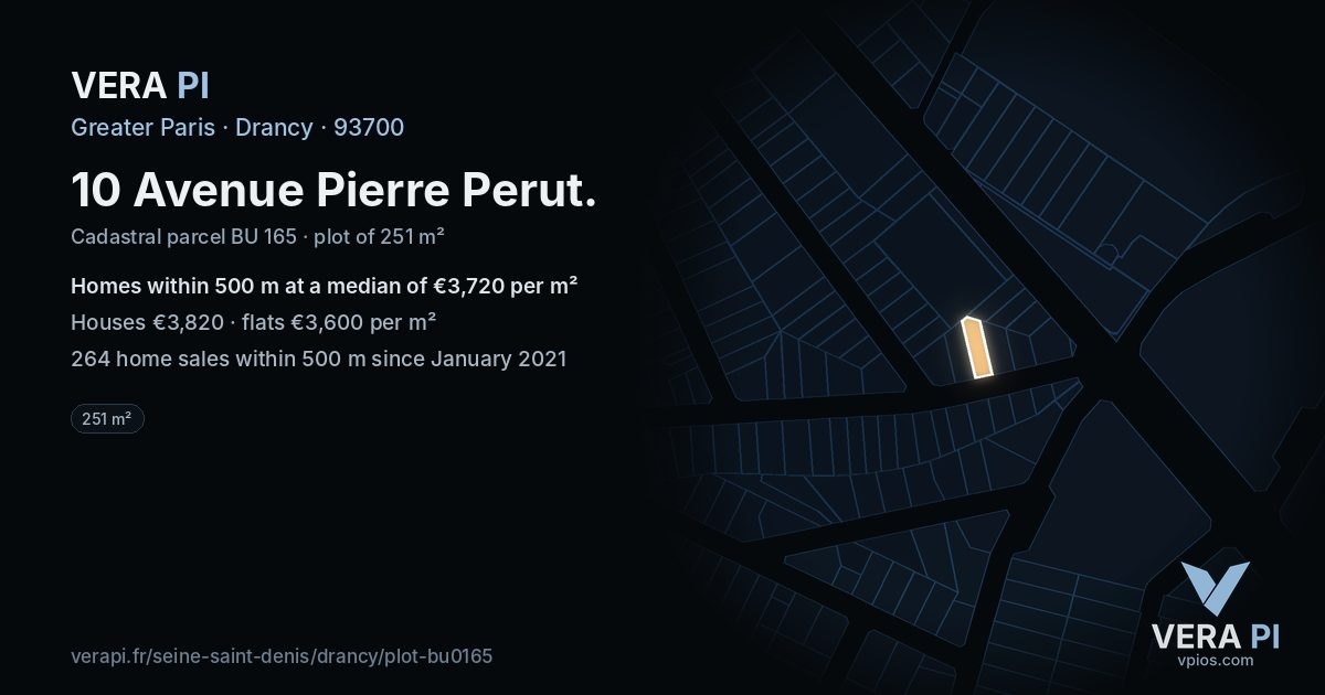 10 Avenue Pierre Perut, Drancy at night – the plot lit, the parcels around coloured by the prices near them