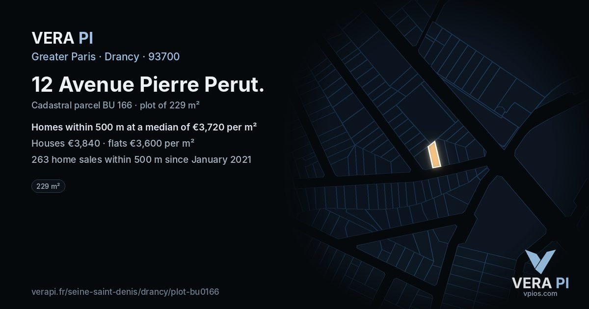 12 Avenue Pierre Perut, Drancy at night – the plot lit, the parcels around coloured by the prices near them