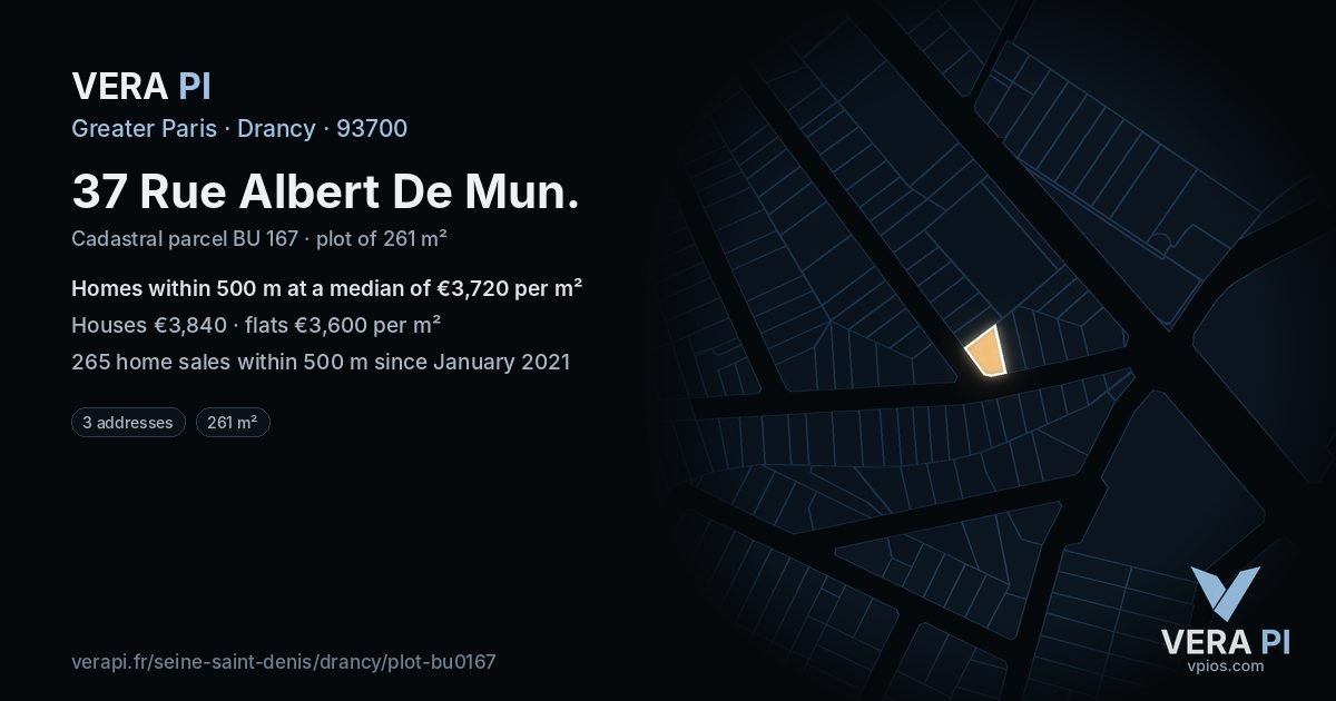 37 Rue Albert De Mun, Drancy at night – the plot lit, the parcels around coloured by the prices near them