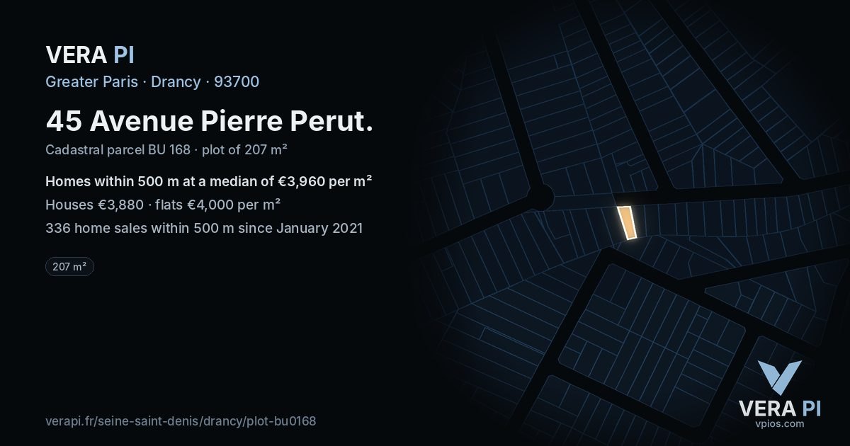 45 Avenue Pierre Perut, Drancy at night – the plot lit, the parcels around coloured by the prices near them