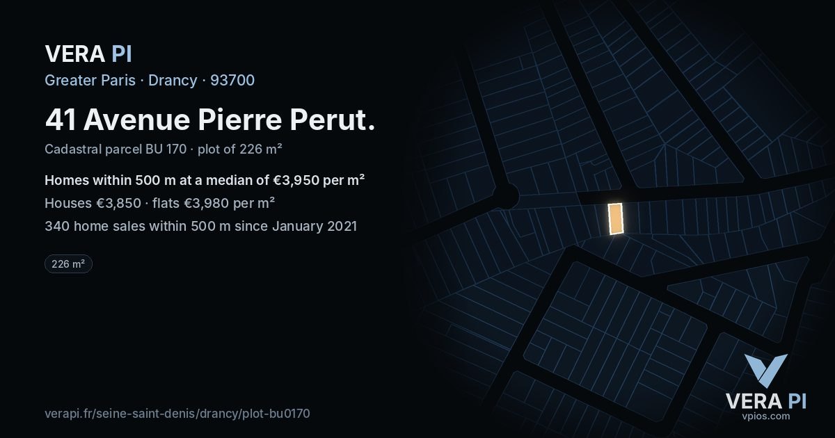 41 Avenue Pierre Perut, Drancy at night – the plot lit, the parcels around coloured by the prices near them