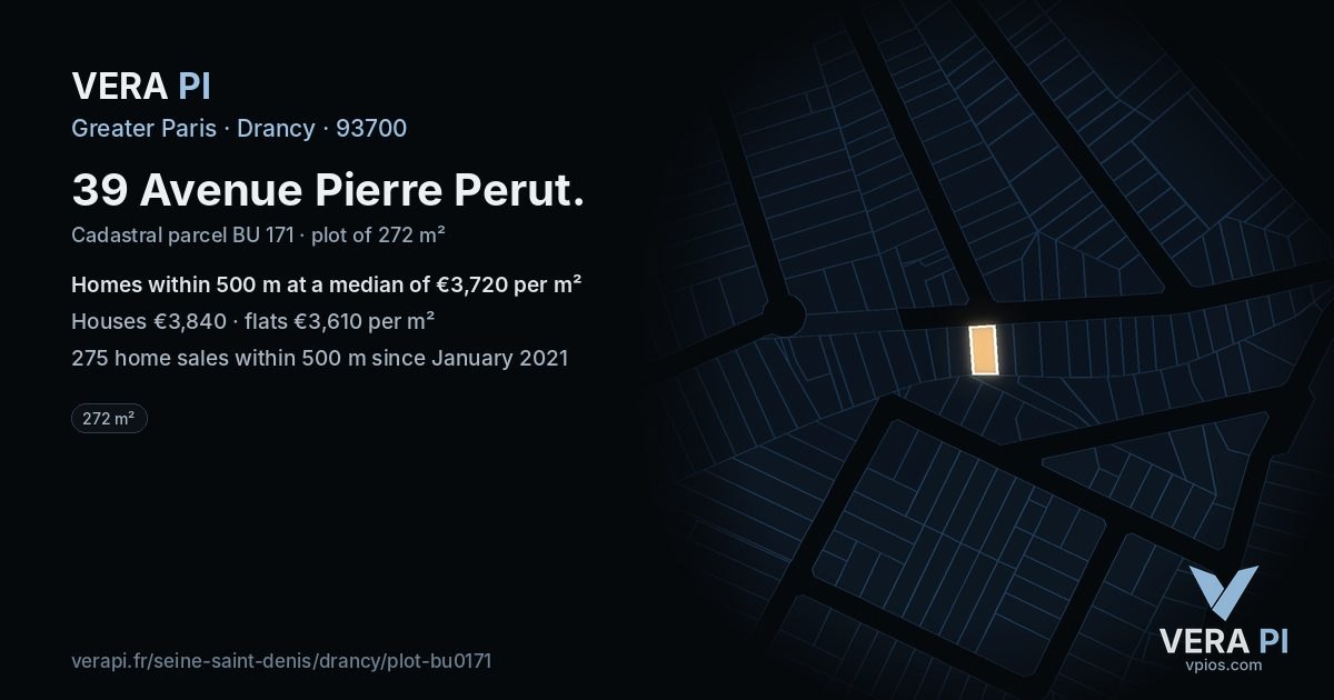 39 Avenue Pierre Perut, Drancy at night – the plot lit, the parcels around coloured by the prices near them
