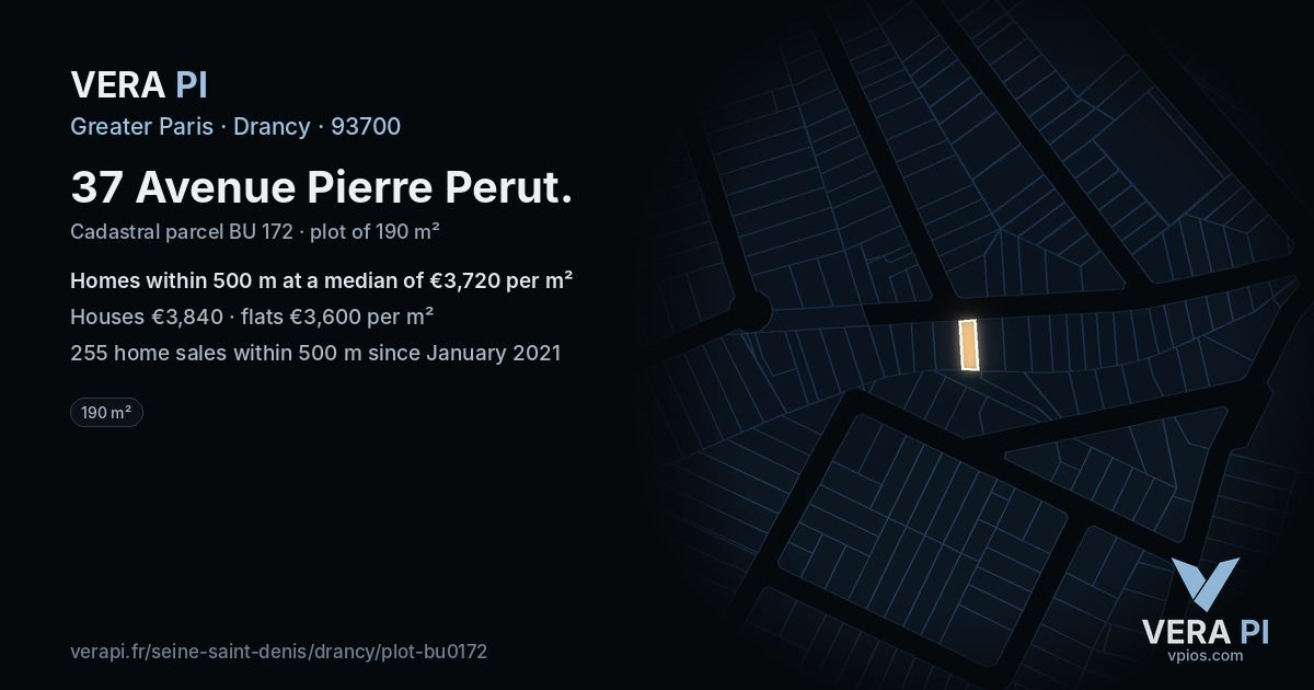37 Avenue Pierre Perut, Drancy at night – the plot lit, the parcels around coloured by the prices near them