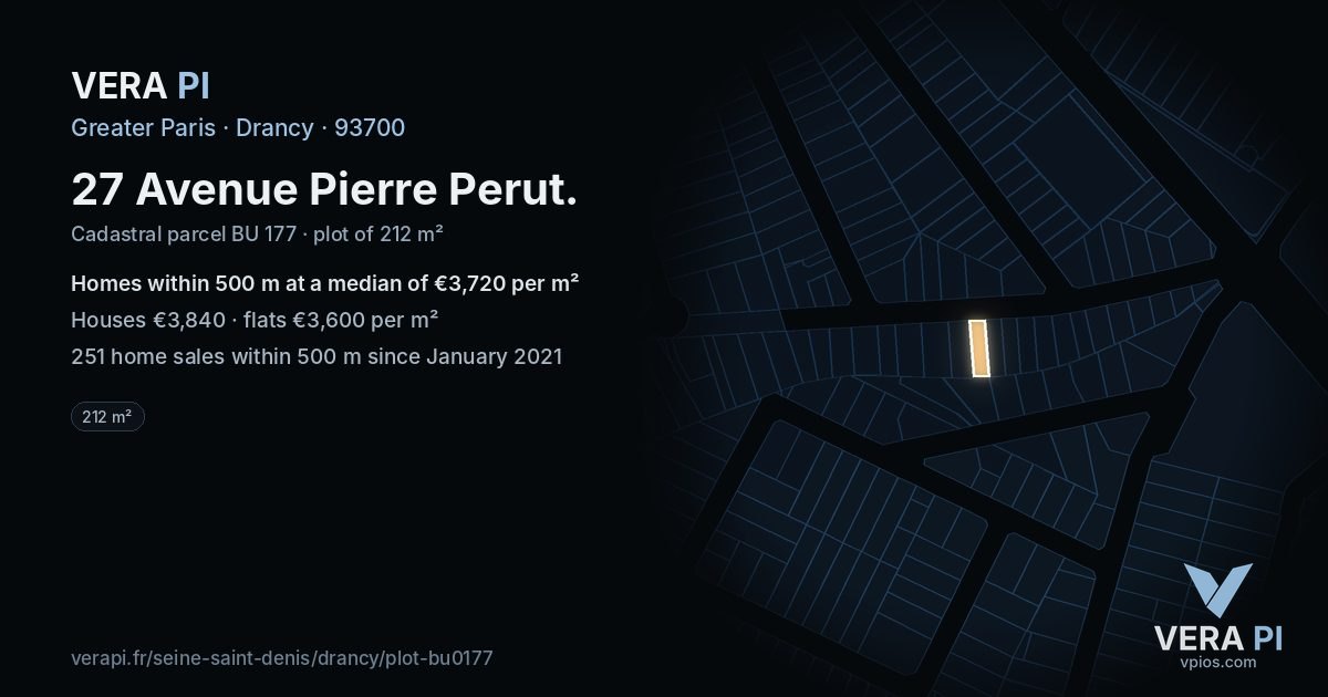 27 Avenue Pierre Perut, Drancy at night – the plot lit, the parcels around coloured by the prices near them