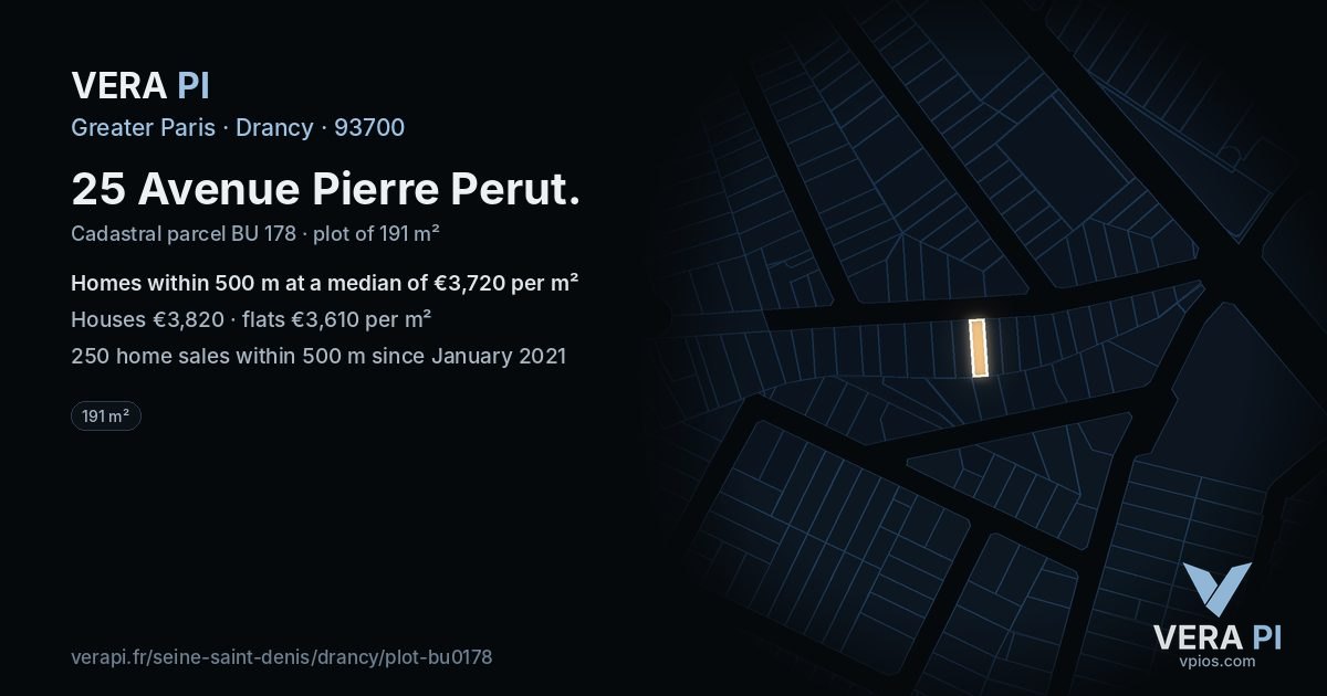 25 Avenue Pierre Perut, Drancy at night – the plot lit, the parcels around coloured by the prices near them