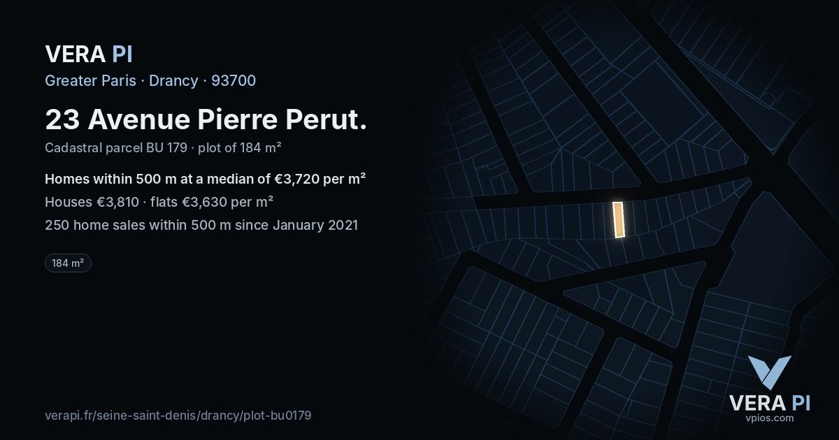 23 Avenue Pierre Perut, Drancy at night – the plot lit, the parcels around coloured by the prices near them