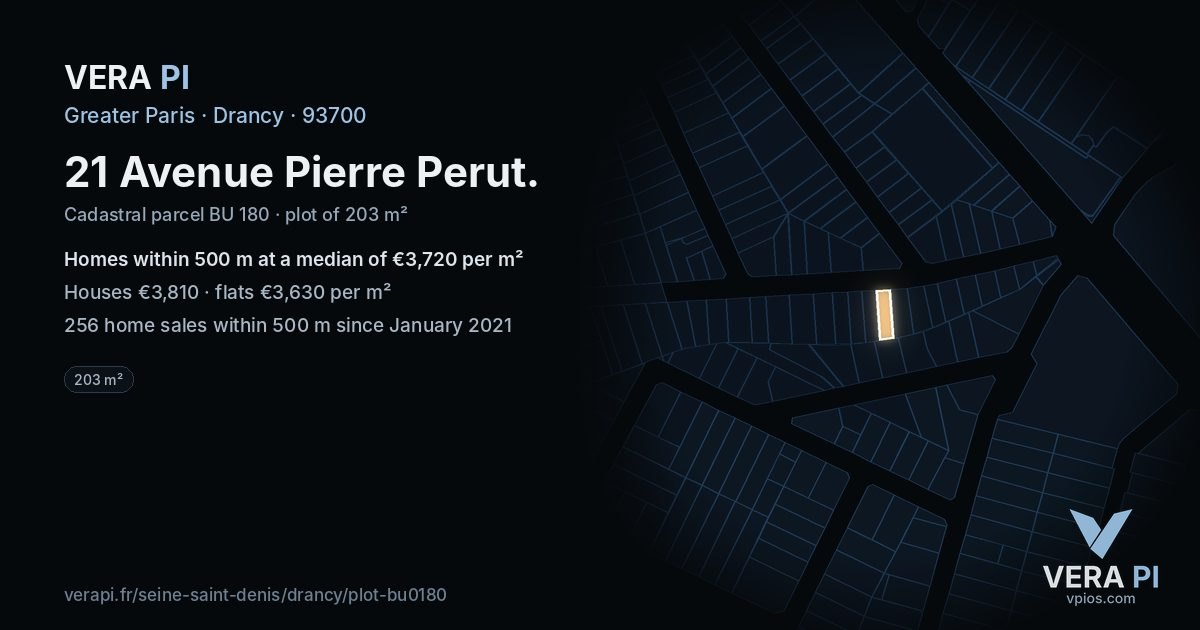 21 Avenue Pierre Perut, Drancy at night – the plot lit, the parcels around coloured by the prices near them