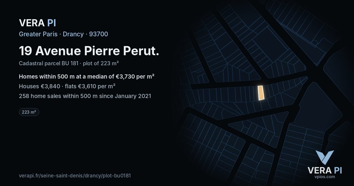 19 Avenue Pierre Perut, Drancy at night – the plot lit, the parcels around coloured by the prices near them