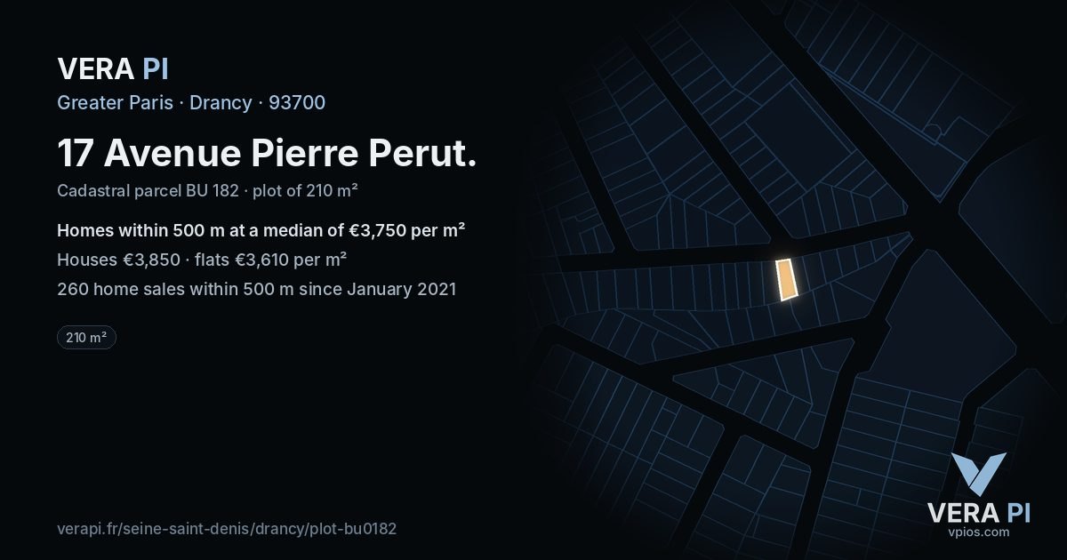 17 Avenue Pierre Perut, Drancy at night – the plot lit, the parcels around coloured by the prices near them
