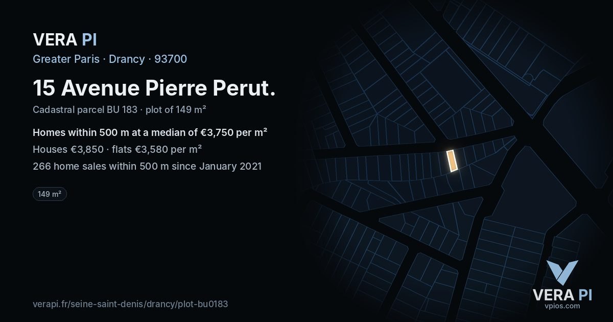 15 Avenue Pierre Perut, Drancy at night – the plot lit, the parcels around coloured by the prices near them