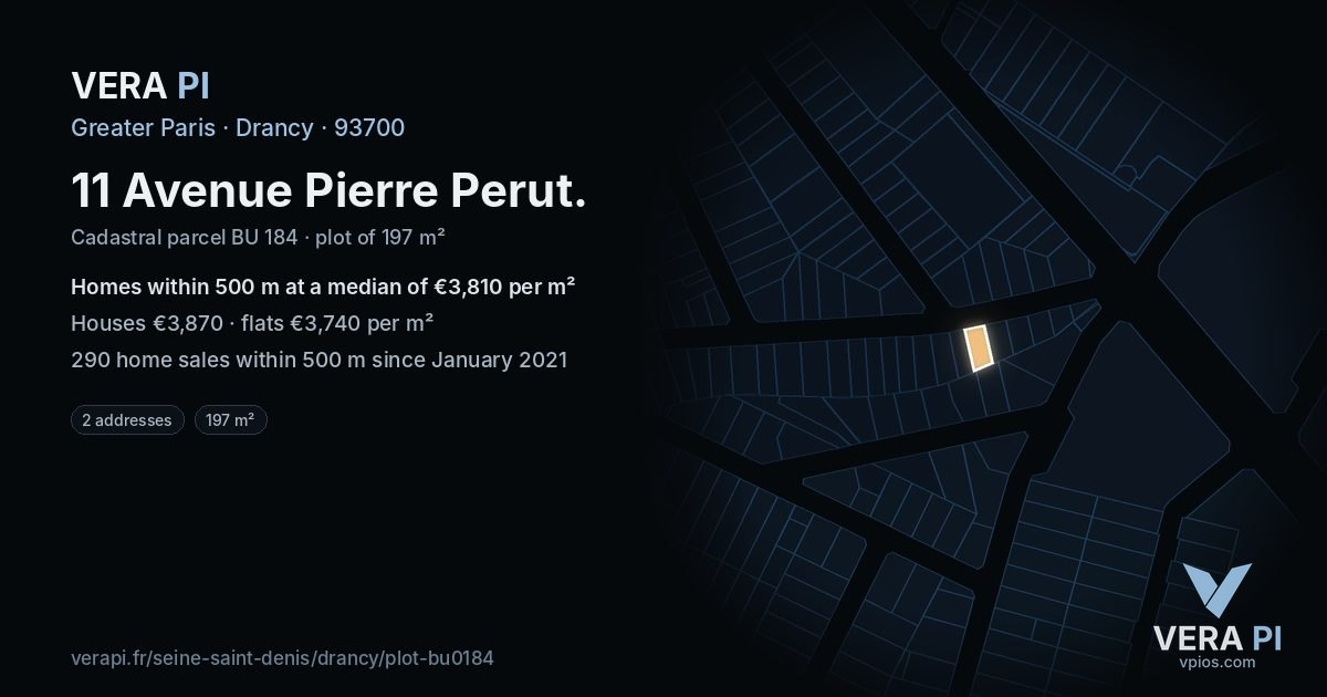11 Avenue Pierre Perut, Drancy at night – the plot lit, the parcels around coloured by the prices near them