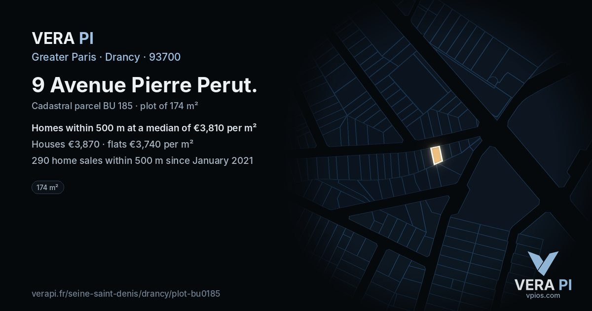 9 Avenue Pierre Perut, Drancy at night – the plot lit, the parcels around coloured by the prices near them