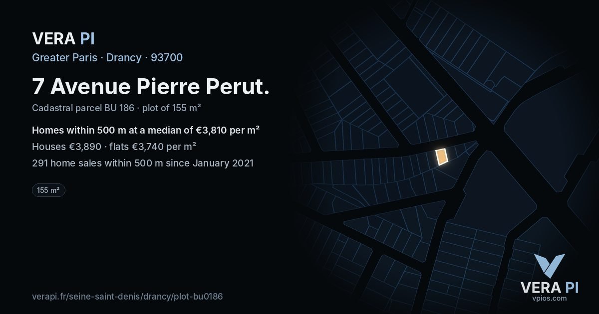 7 Avenue Pierre Perut, Drancy at night – the plot lit, the parcels around coloured by the prices near them