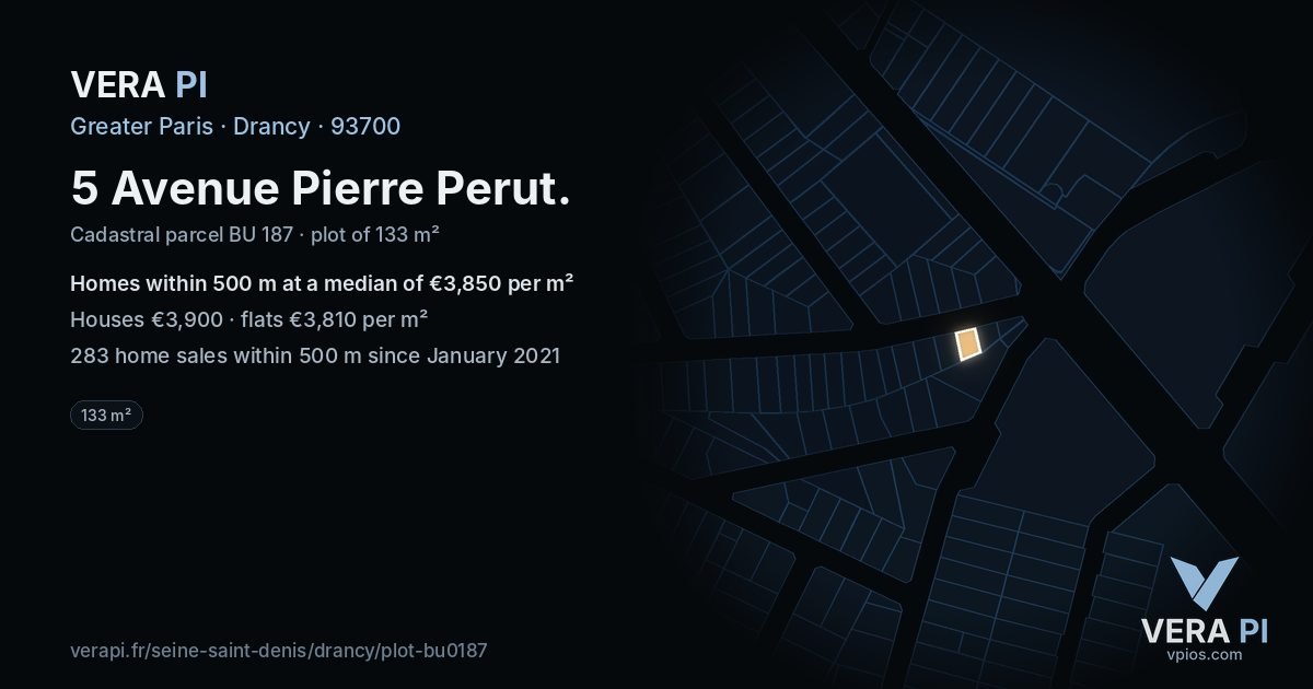 5 Avenue Pierre Perut, Drancy at night – the plot lit, the parcels around coloured by the prices near them