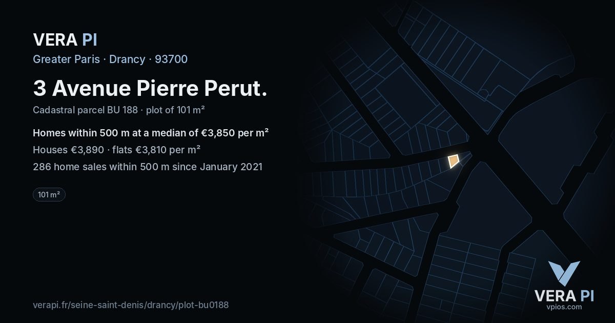 3 Avenue Pierre Perut, Drancy at night – the plot lit, the parcels around coloured by the prices near them
